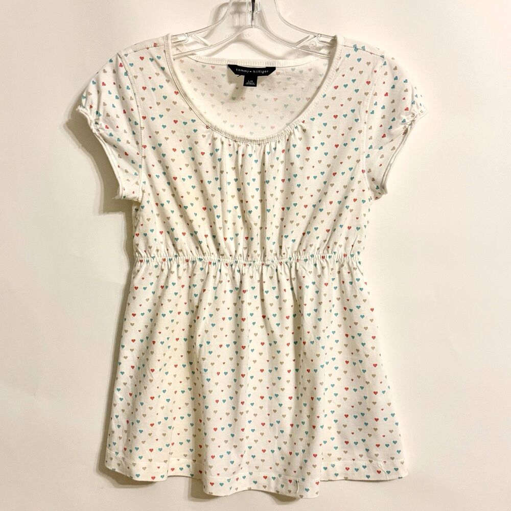 Vintage TOMMY HILFIGER Babydoll Knit Crew Top Girl's Size L White w/Hearts Y2K